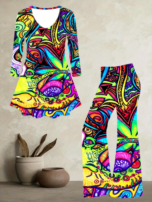 Plus Size, Women's Vintage Bohemian Print 2pcs Set- Loose Top& Flared Pants, Bright Multi-Color(Pink, Green, Yellow, Orange, Purple, Red)