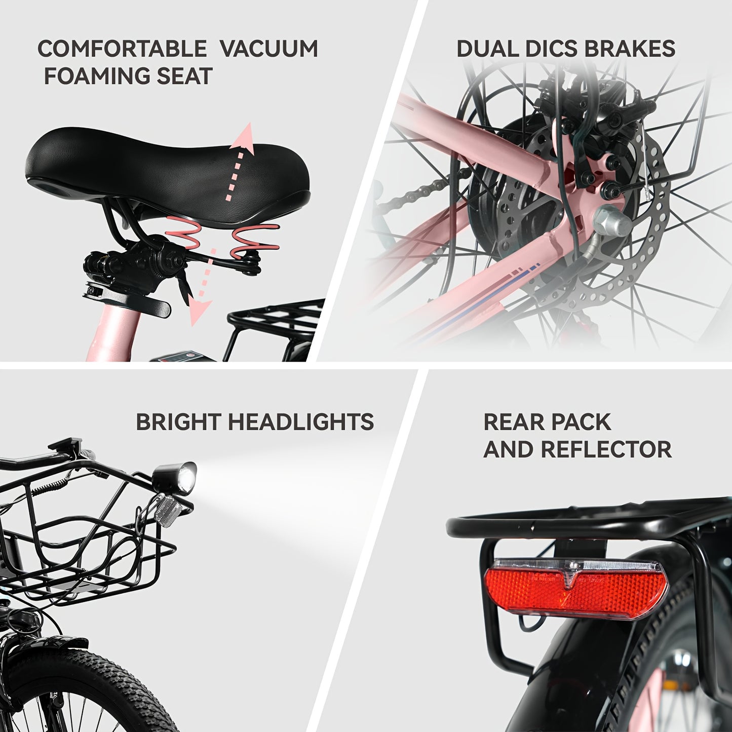 Cruiser Electric Bike For Women, 500W Motor 36V/10.4Ah Removable Battery, 25-40 Miles 20MPH, 24 Inch Electric Bike High-Carbon Steel Frame, 7-Speed With Front Basket -Beach Commuter Ebike For Adults, Ebike With Basket, Sakura