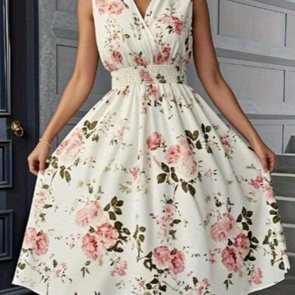 Women's Elegant Floral Print Sleeveless A-Line Sling Dress with Puff Sleeve Accent - Floor-Length or Above-Knee Length Long Skirt, Round Neck Fitted Top & A-Line Silhouette, Machine Washable All-Season Formal & Semi-Formal Ou