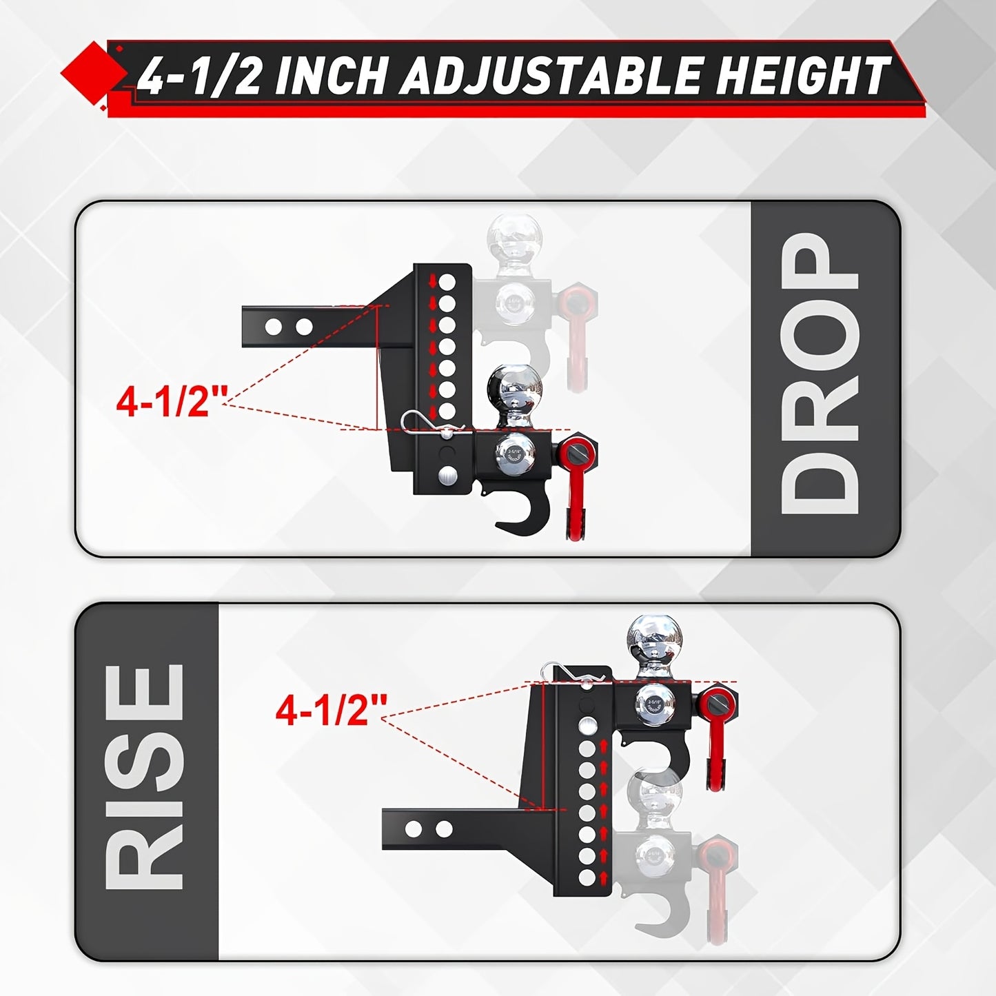 Adjustable Heavy-Duty Trailer Hitch Tri-Ball Mount With Tow Hook & Swivel Shackle, Fits 2" Receiver, 4-1/2" Rise/Drop, Includes 1-7/8", 2", & 2-5/16" Balls, Secure Hitch With Locks & Pin