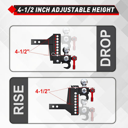 Adjustable Heavy-Duty Trailer Hitch Tri-Ball Mount With Tow Hook & Swivel Shackle, Fits 2" Receiver, 4-1/2" Rise/Drop, Includes 1-7/8", 2", & 2-5/16" Balls, Secure Hitch With Locks & Pin