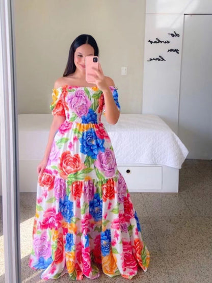 2023 New Spring Summer European and American Women's Fashion Off-Shoulder Floral Print Long Dress
