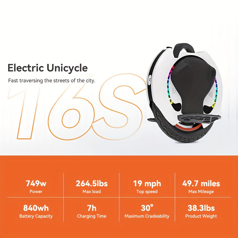 Kingsong 16S Electric Unicycle with 749W Motor 840Wh Battery 19Mph 49.7Miles Max load 264.5 Lbs 16inch Diameter tire, Personal Transport, Longdistance Travel, Modern Unicycle, Sleek Design, Highperformance Motor, Durable Cons