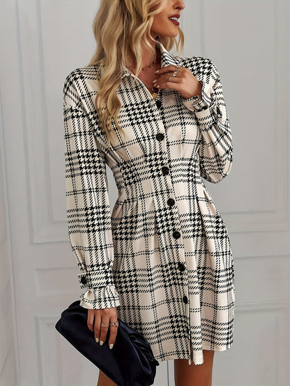 A Shirt Dress with a Houndstooth Pattern, Featuring Detailed Front Buttons And Pleats on The Front Placket.