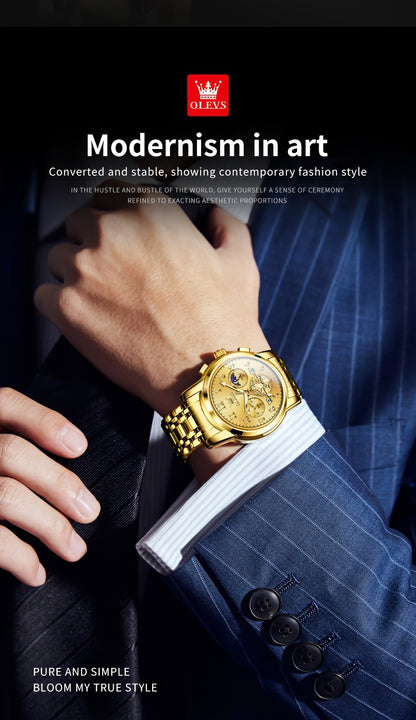 OLEVS Men's Luxury Multifunctional Quartz Watch - Stainless Steel Luminous Analog Watch with Moon Phase, Chronograph, Date/Day/24H Indicator, Golden-Tone & Bracelet for Business, Casual, Casual Attire - Dress Watch