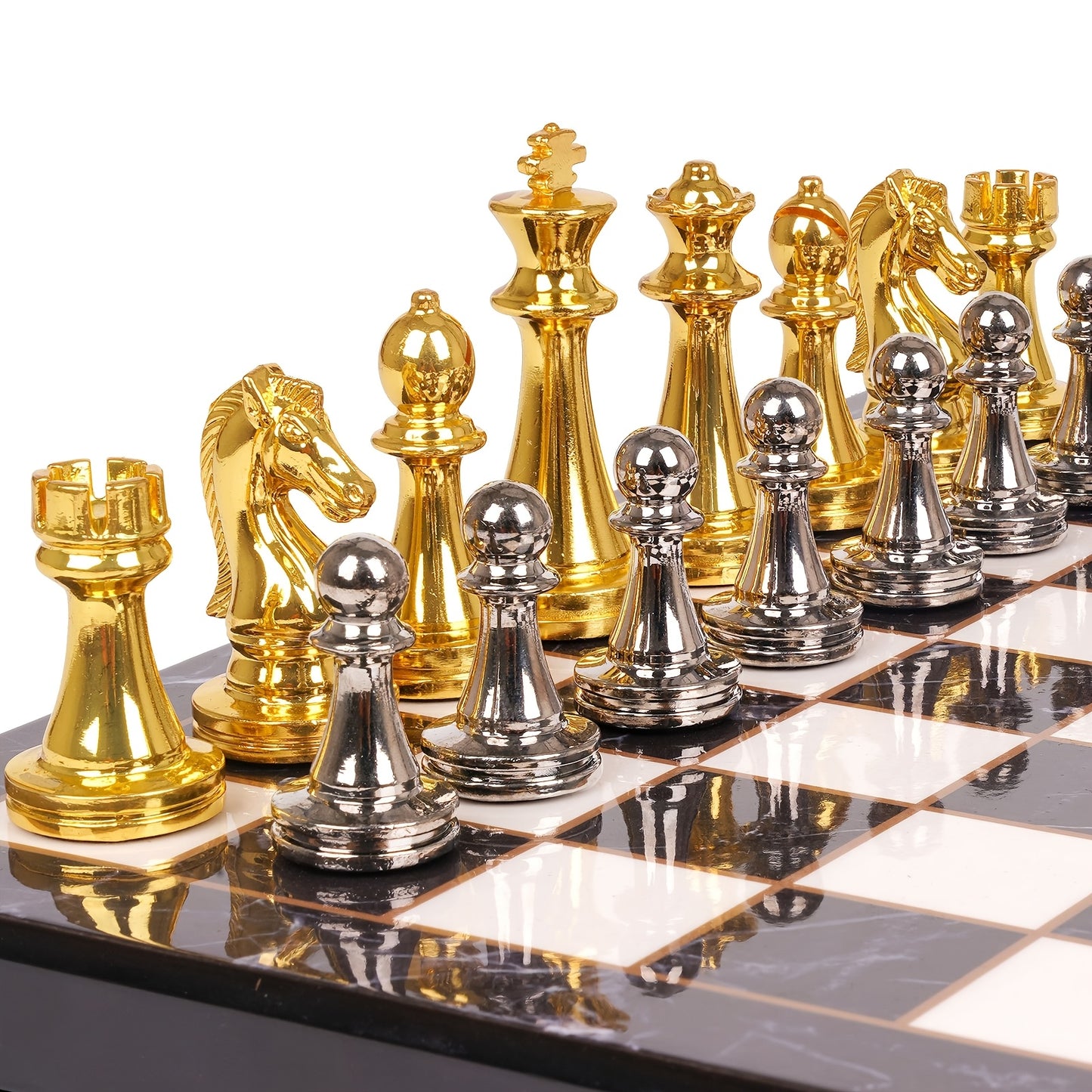 Luxury Marbling Chess Set with Marble Board & Zinc Alloy Metal Pieces - Elegant Marbled Design with Golden & Pattern, Extra Queens Included - Durable Travel-Friendly Chessboard for Adults, Beginners & Professionals - Ideal Gi