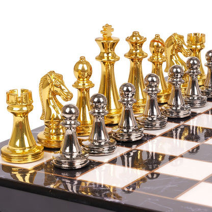 Luxury Marbling Chess Set with Marble Board & Zinc Alloy Metal Pieces - Elegant Marbled Design with Golden & Pattern, Extra Queens Included - Durable Travel-Friendly Chessboard for Adults, Beginners & Professionals - Ideal Gi