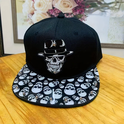 Punk Style Men'S Baseball Cap, 100% Polyester Lightweight Flat Brim Hat with Alphabet Pattern and Embellishments, Non-Stretch Fabric