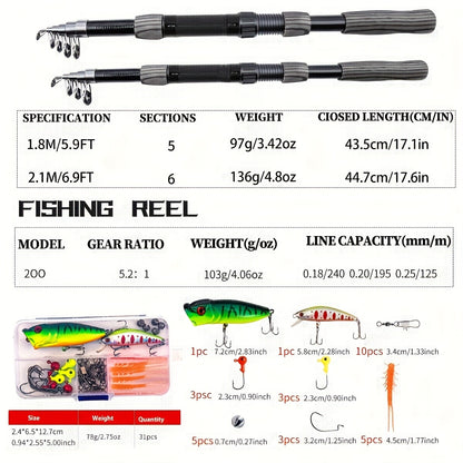 1.8-2.1m Telescopic Fishing Rod & Reel Combo with Carry Bag - Lightweight Fast Action Spinning Reel, Ambidextrous Left/Right Hand Operation, Medium Light Power For Saltwater & Freshwater Fishing, Ideal Gift For Christmas, Hal
