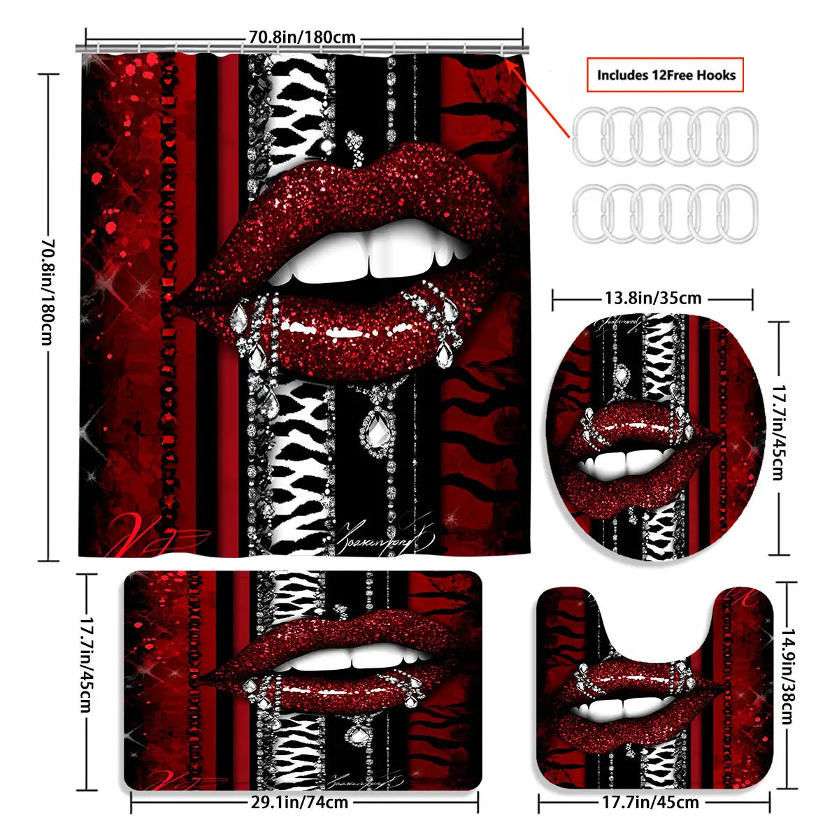 Sexy Red Lips Print 4pcs Bathroom Set with 12 Hooks - High Quality Shower Curtain, Anti-Slip Bath Mat, Toilet Cover & U-Shaped Carpet - Glitter Accent Black & Red Design, Machine Washable Luxury Bath Decor for Modern Homes
