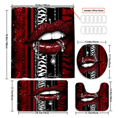 Sexy Red Lips Print 4pcs Bathroom Set with 12 Hooks - High Quality Shower Curtain, Anti-Slip Bath Mat, Toilet Cover & U-Shaped Carpet - Glitter Accent Black & Red Design, Machine Washable Luxury Bath Decor for Modern Homes