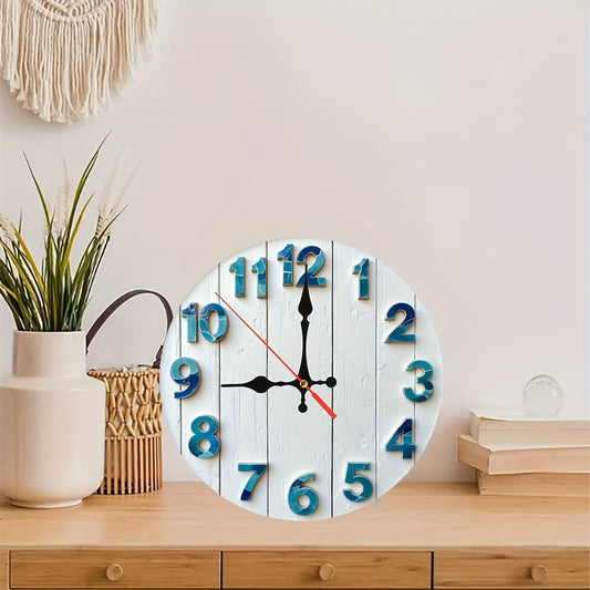 Modern Minimalist White & Blue Large Round Wall Clock with Black Hands - Silent Non-Ticking - Easy-to-Read Black Hour Markers, Wood Frame for Living Room, Bedroom, Kitchen Decor - Ideal Gift for Easter, Christmas, Thanksgivin