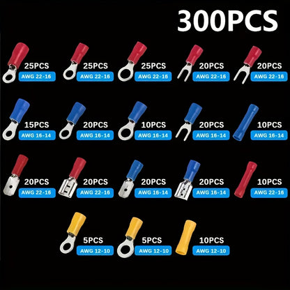 300pcs Electrical Wire Crimp Connector Kit Featuring Insulated Copper Terminal Blocks With Ring, Fork, And Spade Connectors. Ideal For DIY Wiring And Repairs, This Kit Operates In Uncharged Power Mode And Contains No Electron