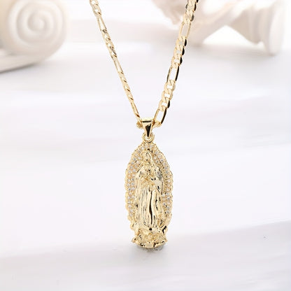 14K Golden Plated Virgin of Guadalupe Pendant Necklace with Sparkling Zirconia - Elegant Boho Style, Prayer & Blessing Charm, Perfect Mother'S Day Gift, Festive Jewelry | Elegant Boho Necklace | Zirconia Encrusted Pendant, Vi