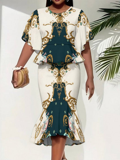 2pcs Women'S 3D Printed Outfit | Short-Sleeve Top & Mermaid Hem Skirt with Vibrant Geometric All-Over Print, Unique Textures, Comfortable Fabric, Elegant & Trendy Style for Casual Outings