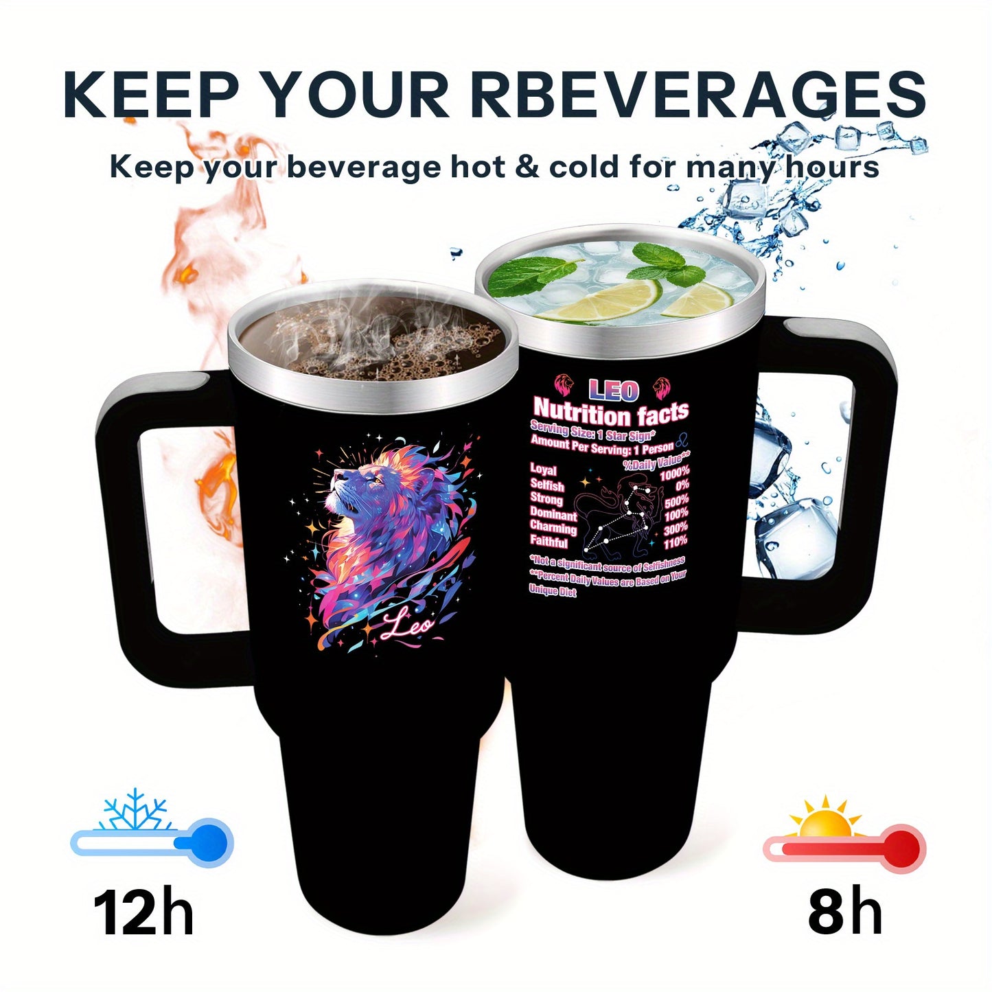 1pc 1pcs 1pc 1pcs (singular/plural Acceptable) 40oz Leo Zodiac Stainless Steel Water Bottle with Straw & Handle - Thermal Bottle, Leakproof for 24H Hot/Cold, Lion Design & Zodiac Sign Gift Suitable for Birthdays, Christmas, O