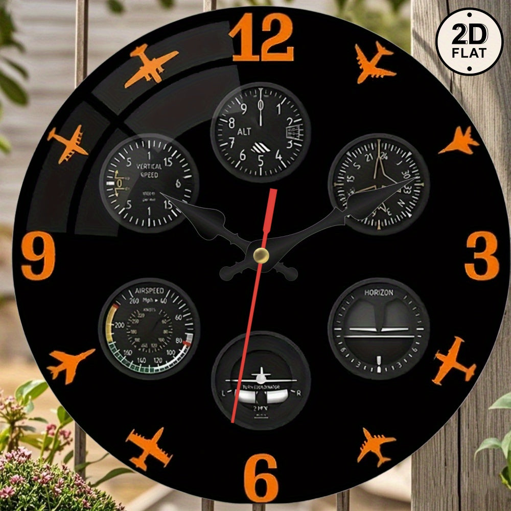 1pc Aviation Instrument Panel Wall Clock - Pilot Dashboard Design with Black Background, Orange Needle - Silent Non-Ticking Quartz Movement - for Living Room, Office, Aviation Decor - Compatible with AA Batteries (Not Include