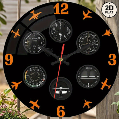 1pc Aviation Instrument Panel Wall Clock - Pilot Dashboard Design with Black Background, Orange Needle - Silent Non-Ticking Quartz Movement - for Living Room, Office, Aviation Decor - Compatible with AA Batteries (Not Include