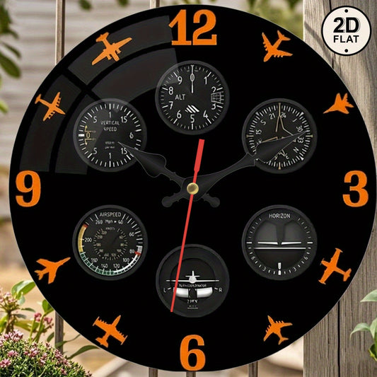 1pc Aviation Instrument Panel Wall Clock - Pilot Dashboard Design with Black Background, Orange Needle - Silent Non-Ticking Quartz Movement - for Living Room, Office, Aviation Decor - Compatible with AA Batteries (Not Include