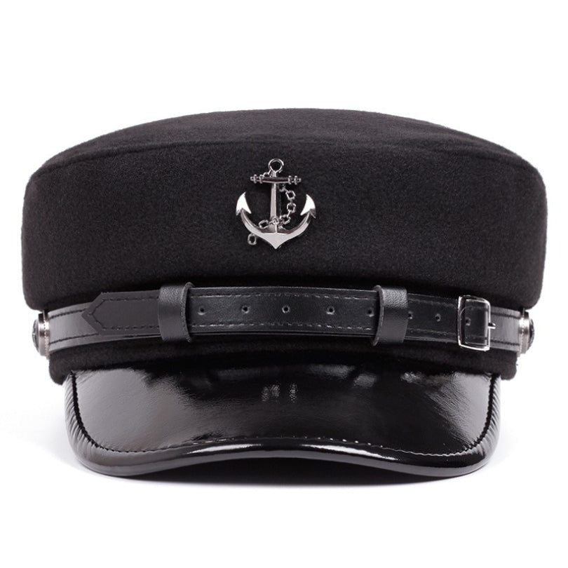 Men'S Punk Style Anchor Logo Beret Visor Cap - Adjustable Snap Closure, White & Black Nautical Design, Durable Polyester for Casual & Semi-Formal Outfits, Maritime-Inspired Fashion Accessory