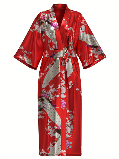 Elegant Floral Kimono Women's Robe - Soft and Light Beige-Friendly V-Neck Geometric Pattern All-Season Comfortable Casual Pajamas Pajamas