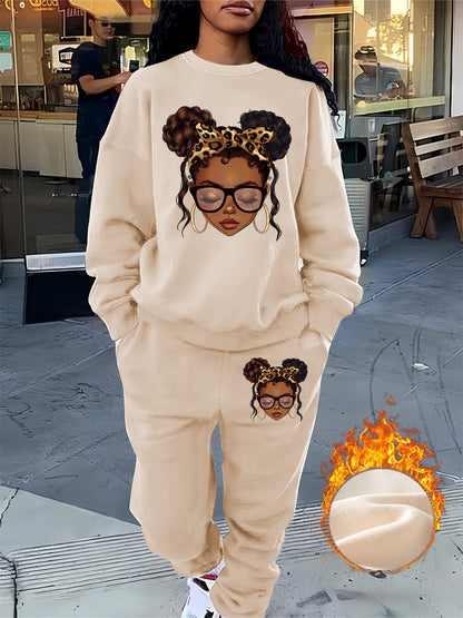 Graphic Print Two Piece Set, Crew Neck Sweatshirt & Pants, Women's Clothing, Fall Clothes For Women, Sweat Suits Women Two Piece
