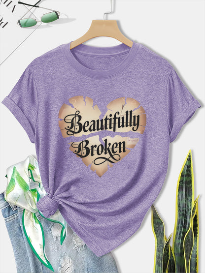 Women'S Olive Green Butterfly & Heart Print "Beautifully Broken" T-Shirt - Casual Streetwear Round Neck Short Sleeve Top, Breathable All-Season Comfort Fit for Gym, Training & Casual Attire with Motivational Slogan Design, Lo