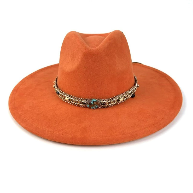 1pc Bohemian-Style Wide-Brimmed Women'S Felt Hat - with a Turquoise Bead Chain Decorative Band - Suitable for Holiday Dress-Up, Cowboy-Inspired Looks, Daily Casual Wear, And As a Photography Prop for Bohemian Home Decor, Fest