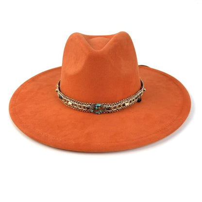 1pc Bohemian-Style Wide-Brimmed Women'S Felt Hat - with a Turquoise Bead Chain Decorative Band - Suitable for Holiday Dress-Up, Cowboy-Inspired Looks, Daily Casual Wear, And As a Photography Prop for Bohemian Home Decor, Fest