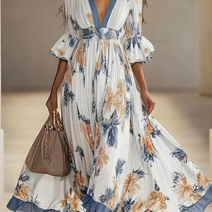 Women'S Maxi Dress with Deep V-Neck and Flare Sleeves, Floral Print | Elegant Flowy Silhouette, Exquisite Details, Romantic Floral Patterns, Perfect for Wedding Guests, Parties, and Evening Events, SCACTO Brand