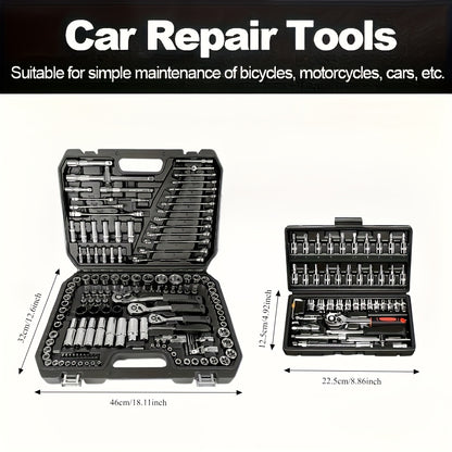 Black 46/215+1pc High-end Professional Tool Set, Auto/bicycle Repair Machinery Kit, 1/2 Inch *1/4 Inch 3/8 Inch Drive Depth And Standard Wrench Set, Race-grade Auto Parts Repair Ratchet Wrench And Other Auto Repair Accessorie