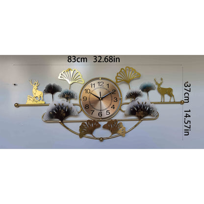 3D Creative Wrought Iron Wall Clock for Bedroom Living Room, 32.68in x 14.57in Ginkgo Leaf Silent Wall Clock, Wrought Iron Decor Gift, Large Black Golden Green for Dining Room