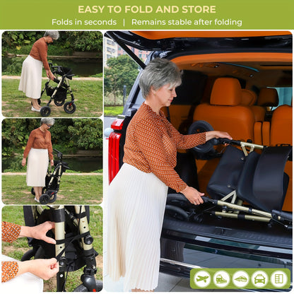 Foldable Rollator Walker with Seat - Heavy-Duty 300 lb Capacity, Lightweight 2-in-1 Mobility Aid with Adjustable Height Seat & Handle, All-Terrain Wheels, Linear Brakes, Ergonomic Backrest & Cushioned Seat - Ideal for Seniors