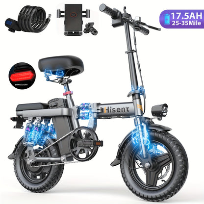 Hisent Adult Electric Bicycle, 48V 6A10A/15A/17.5A Lithium Battery, 20MPH, 8-35 Miles Range, 740W Brushless Motor, Multiple Shock Absorbers, 14" High-quality Tires, 3-step Folding, LCD Display, with Headlight And Taillight, C