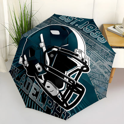 Philadelphia Football Team Spirit Automatic Opening/Closing Umbrella - 8-Rib All-Weather Foldable Travel Umbrella with Teal & Golden City Skyline & Logo Design, Portable for Daily Use, Sports Events, Gift for Fans