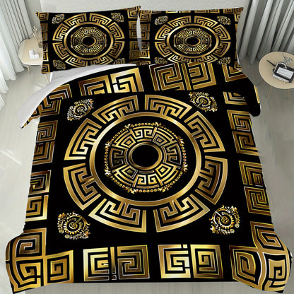Latacaca 3pcs Black and Golden Greek Meander Pattern Duvet Cover Set, (1 Duvet Cover + 2 Pillowcases), Machine Washable, Elegant Design Bedding Set, Comfortable Bed Cover Set for Bedroom