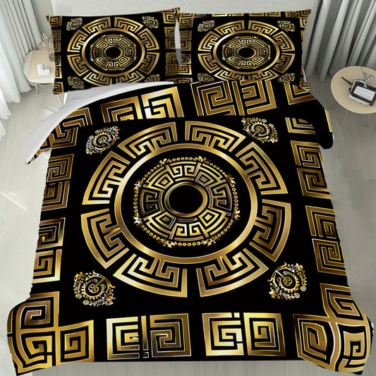 Latacaca 3pcs Black and Golden Greek Meander Pattern Duvet Cover Set, (1 Duvet Cover + 2 Pillowcases), Machine Washable, Elegant Design Bedding Set, Comfortable Bed Cover Set for Bedroom