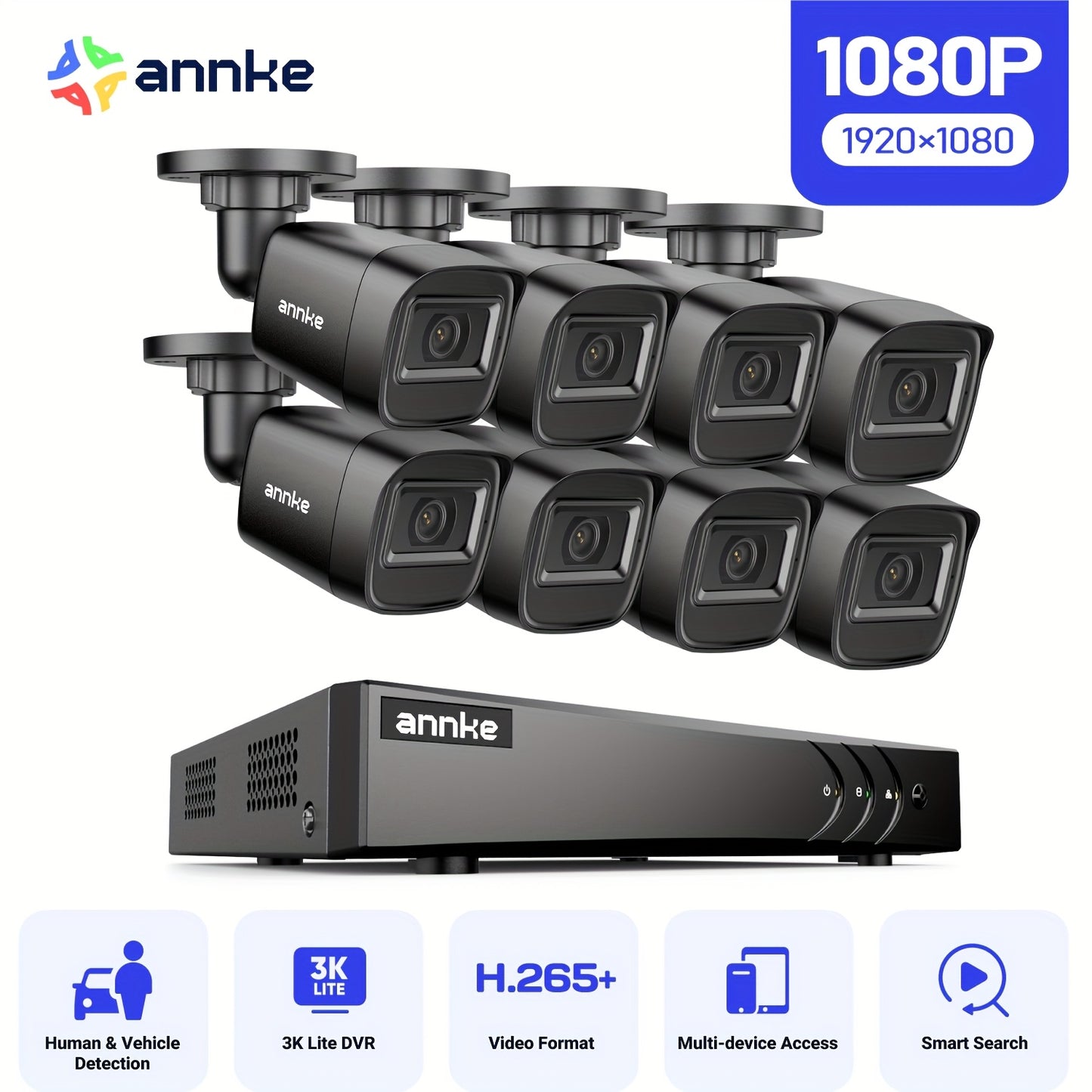 ANNKE 3K Lite 5-in-1 8CH DVR Wired 1080P Video CCTV Security Camera System with Smart AI Human&vehicle Detection, 8pcs 66ft EXIR Night Vision Home Surveillance Cameras 24/7 Around Recording, Real-time Email Alerts, Multi-Devi