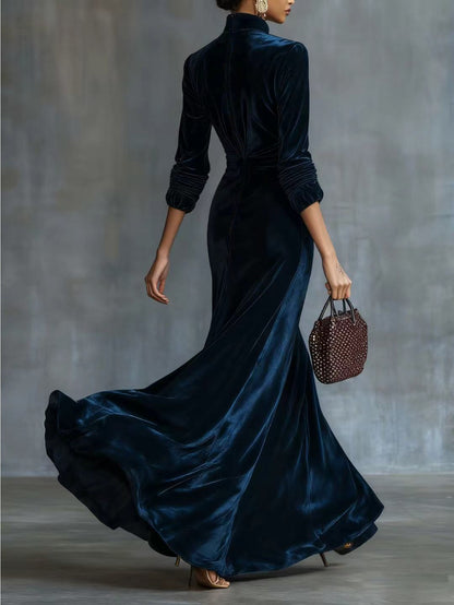 Navy Velvet Stand Collar Waist-Defining Dress for Women | Golden Buttons + Fishtail Hem, Perfect for Evening Parties and Glamorous Social Occasions