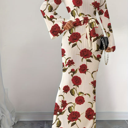 Women's Elegant Pleated Fabric Flared Long Sleeve Dress for Autumn and Winter