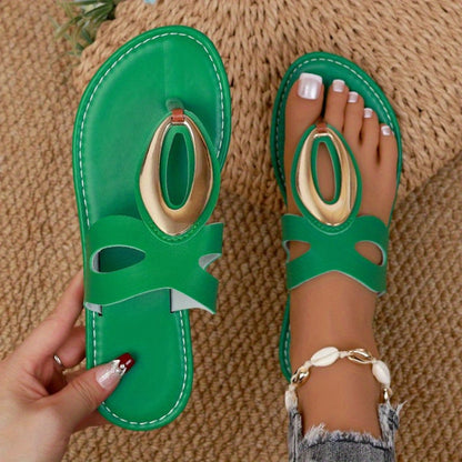 Women'S Roman Sandals with Metallic Buckle Strap - Slip-On Open-Toe Flat Sandals, PU Synthetic Cover Upper & Sole, Comfortable Casual Shoes for Casual Attire, Strappy Sandals, Everyday Footwear, Durable Footwear, Stylish Foot
