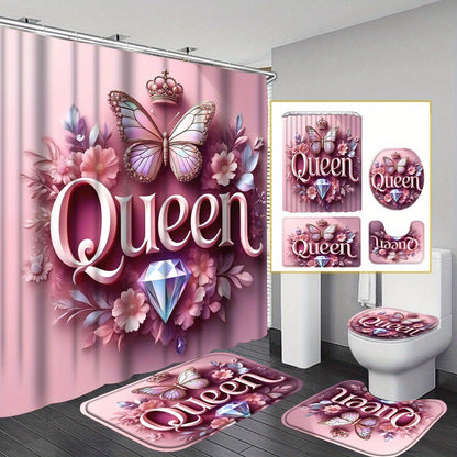 4pcs Queen Pattern Shower Curtain Set, Fashion Bathroom Curtain Set with 12 Hooks Included, Matching Anti Slip Mats & Toilet Covers, Modern Bathroom Accessories Ideal for Home Decor & Housewarming Gift