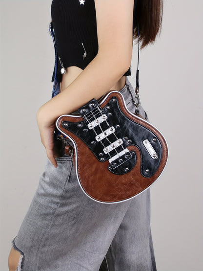 Women's & Unisex Y2K Retro Music-Themed Bass Guitar-Shaped Crossbody Bag with Detachable Strap, Golden-Tone Hardware & Zipper Closure - Band Style Handbag for Musicians & Music Lovers (Red/Black) - 2024 New Design with Chain