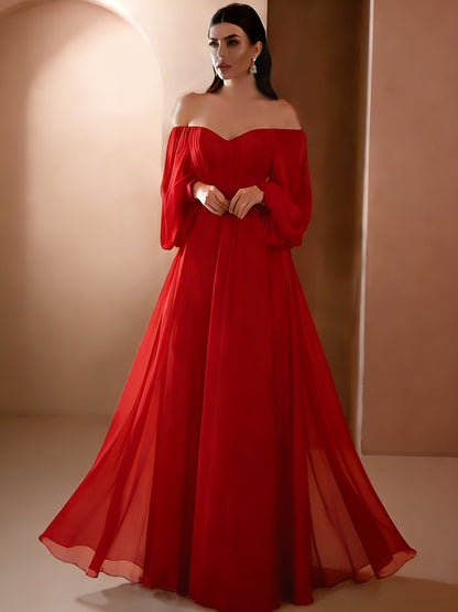 Women'S Elegant Vintage-Inspired One-Shoulder/Off-Shoulder Wedding & Party Dress - Long Sleeve A-Line Chiffon Gown with Puff Sleeve & Train Hem, Solid Formal Evening Gown for Spring Summer Fall, Loose Fit A-Line Silhouette, L