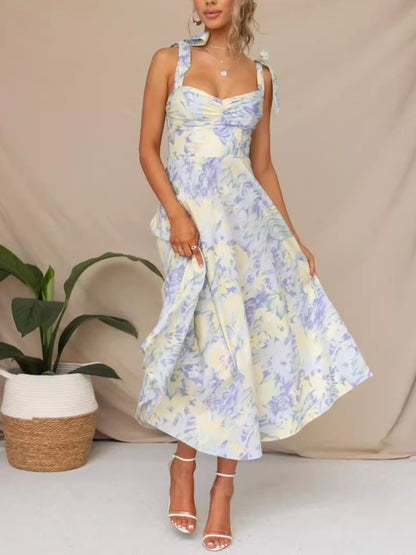 V-Neck Print Waist-Cinching Dress | SCACTO Women'S Design Sense Dress with Strap Design, Long Sleeve, Button Details, Perfect for Spring/Fall