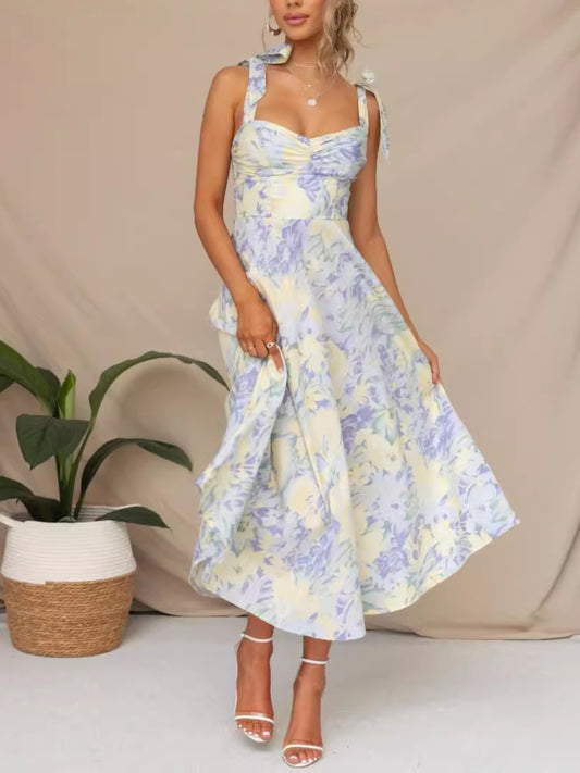 V-Neck Print Waist-Cinching Dress | SCACTO Women'S Design Sense Dress with Strap Design, Long Sleeve, Button Details, Perfect for Spring/Fall