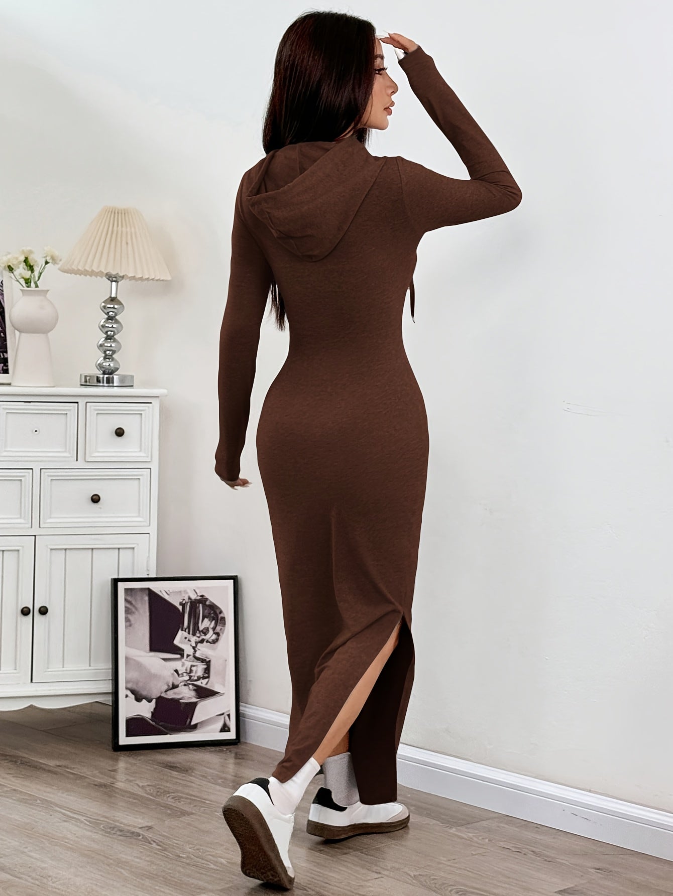 Spring and Autumn New Hooded Long Cross Knee Casual Fashion Dress | Solid Color, Long Sleeve, Bodycon Fit, Slit Hem