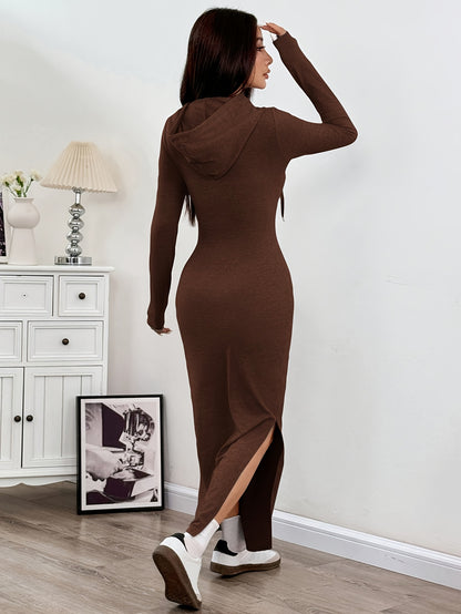 Spring and Autumn New Hooded Long Cross Knee Casual Fashion Dress | Solid Color, Long Sleeve, Bodycon Fit, Slit Hem