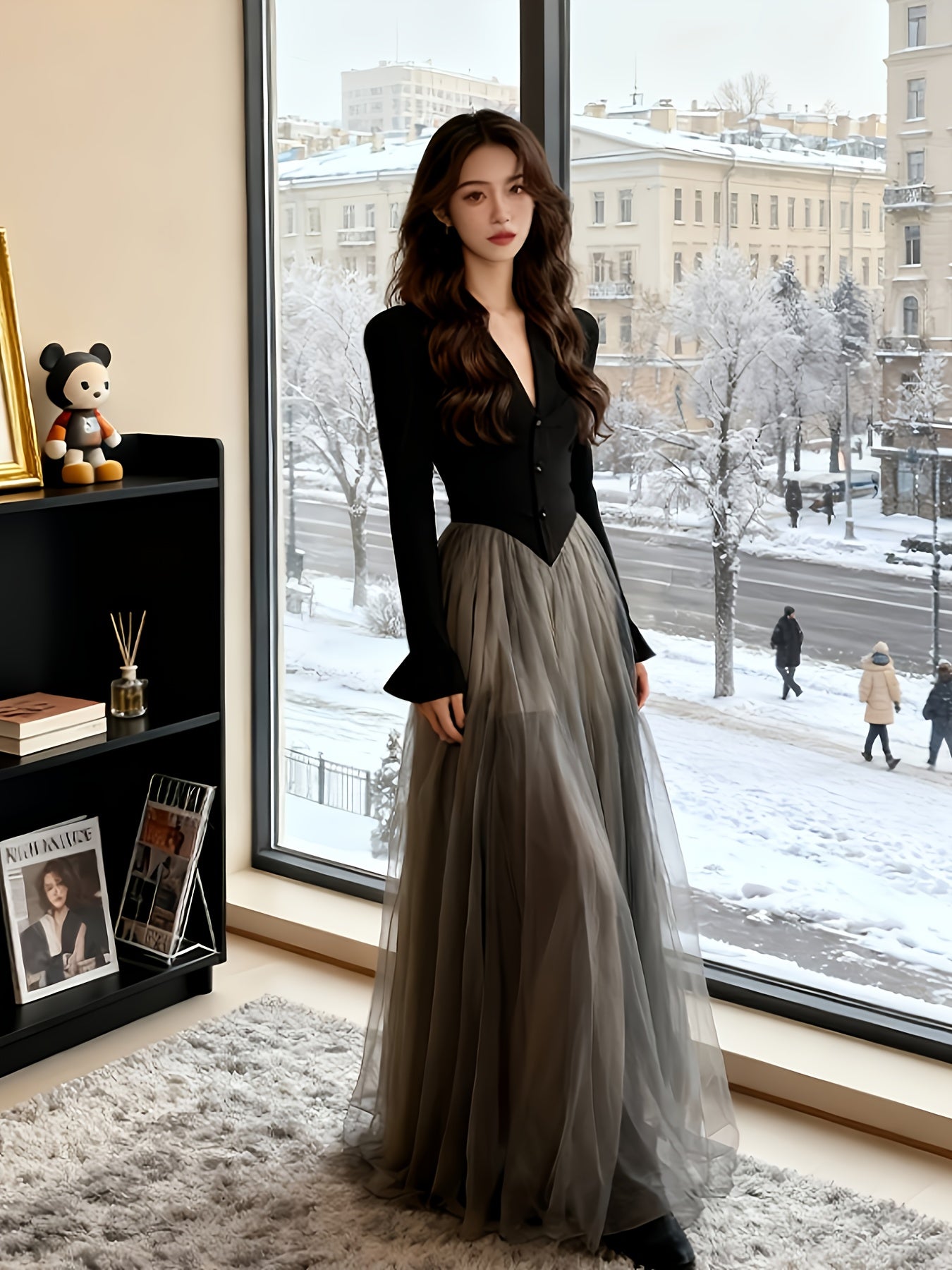Women's Elegant V-Neck Long Sleeve Debutante Dress - Fitted Bodice & Full Train Skirt, Solid Color Mesh Gown for Weddings, Proms, Galas - Machine Washable Spring/Autumn Formal Wear 2025 New Collection