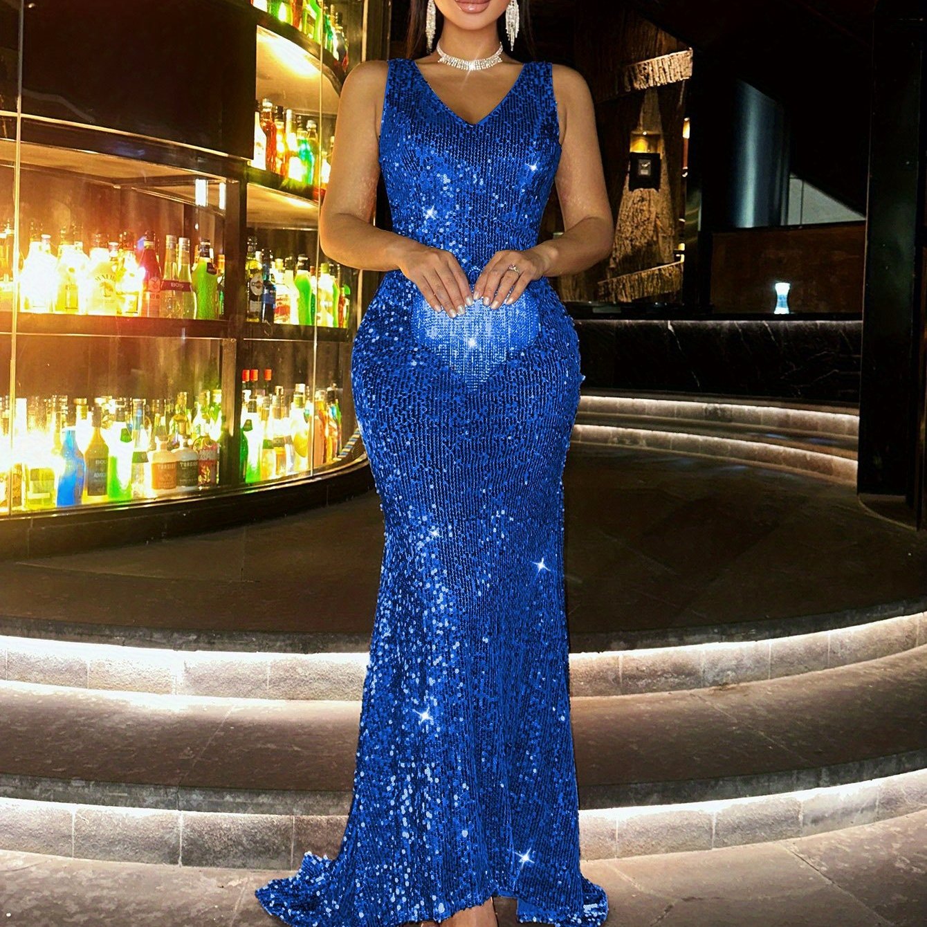 New Sequin Women's Long Dress, Gorgeous Elegant Evening Party Formal Wear Slim High-Waisted Off Shoulder Backless Bridal Wedding Guest Outfit for Travel Music Festival Banquet